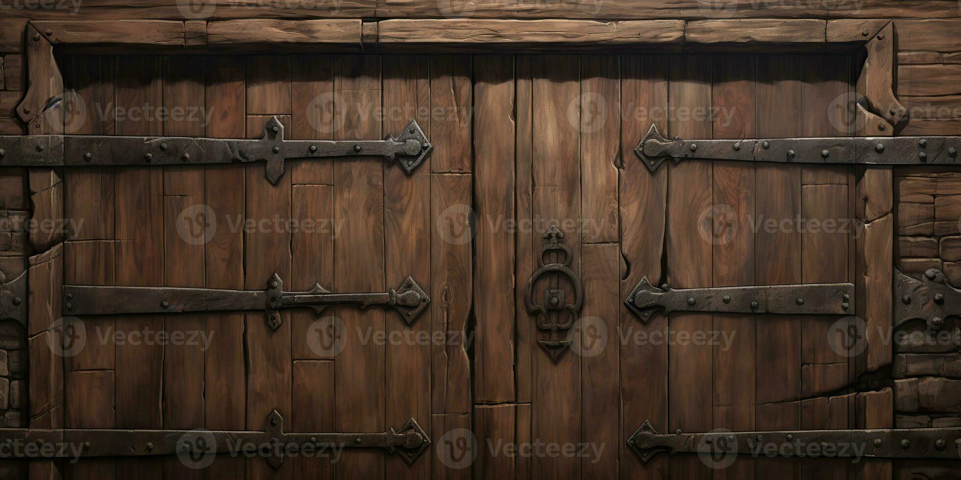 AI Generated. AI Generative. Fantasy cartoon dungeon door entrance exit wooden and metal. Graphic Art photo