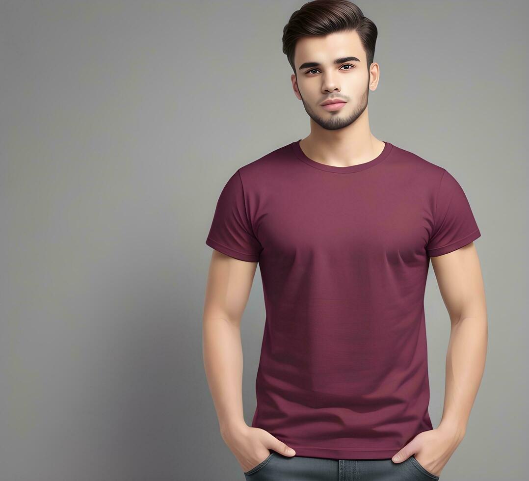 Young man wearing blank maroon t shirt mockup print presentation mockup ai generate photo