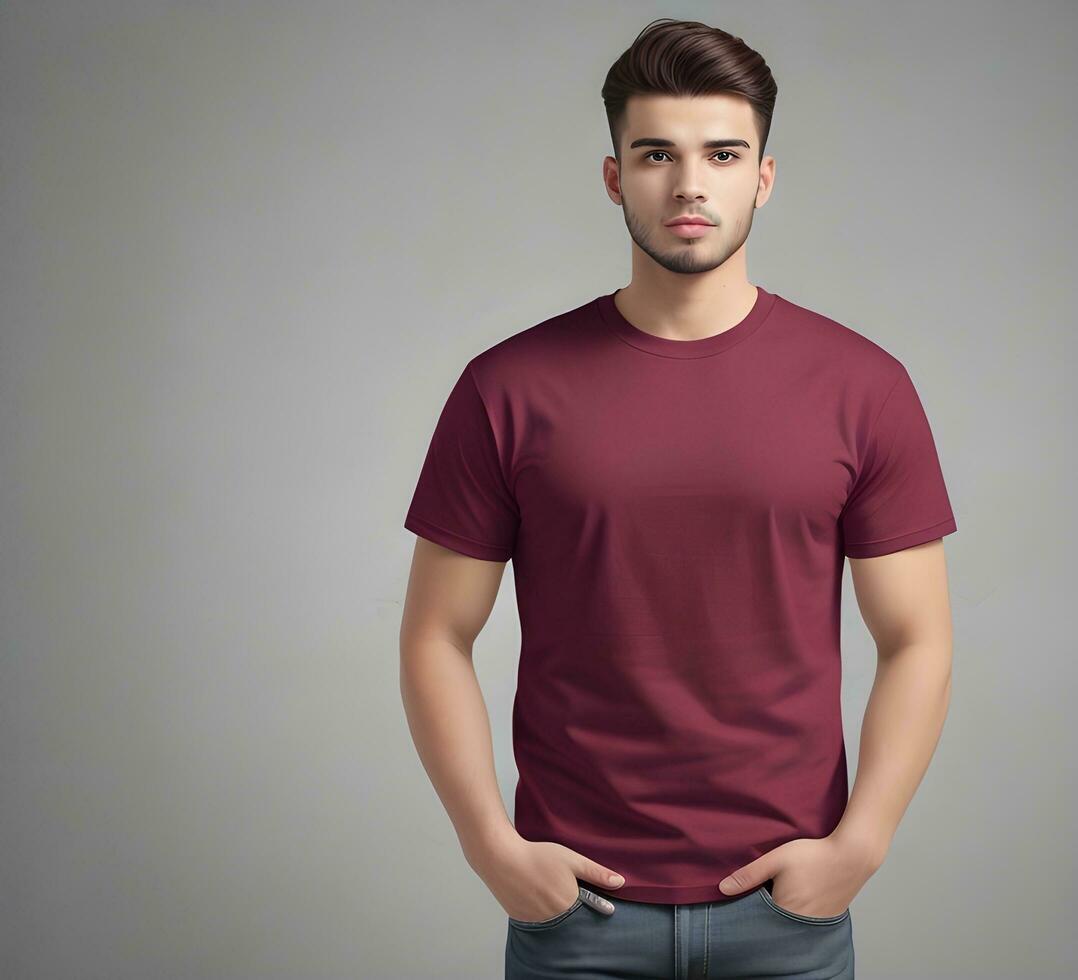 Young man wearing blank maroon t shirt mockup print presentation mockup ai generate photo