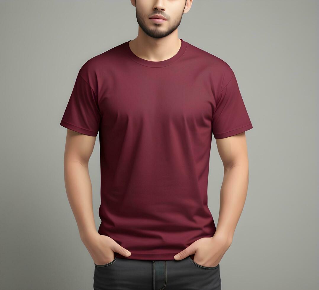 Young man wearing blank maroon t shirt mockup print presentation mockup ai generate photo