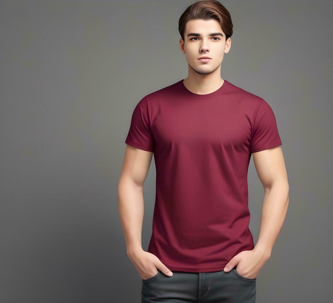 Young man wearing blank maroon t shirt mockup print presentation mockup ai generate photo