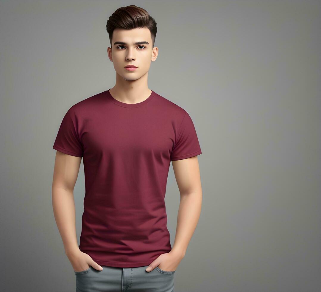 Young man wearing blank maroon t shirt mockup print presentation mockup ai generate photo