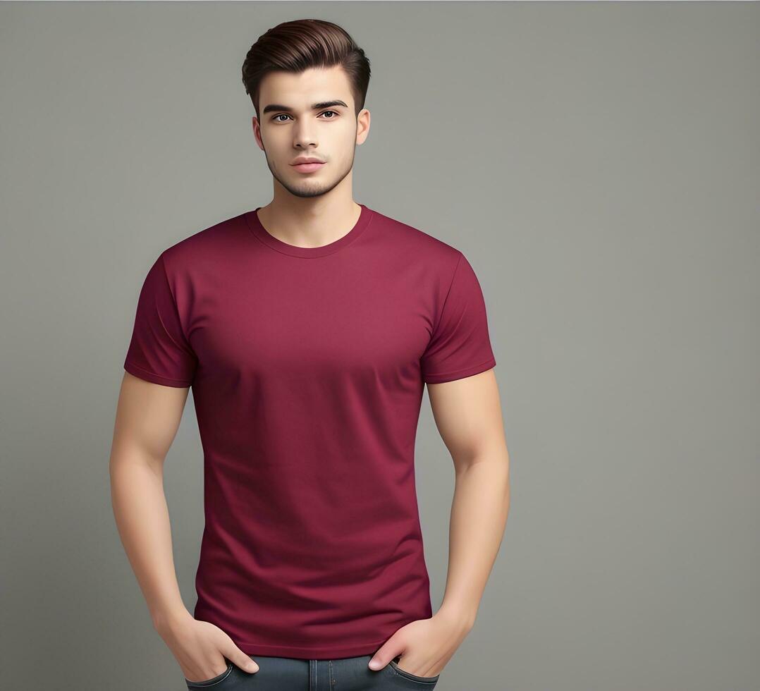 Young man wearing blank maroon t shirt mockup print presentation mockup ai generate photo