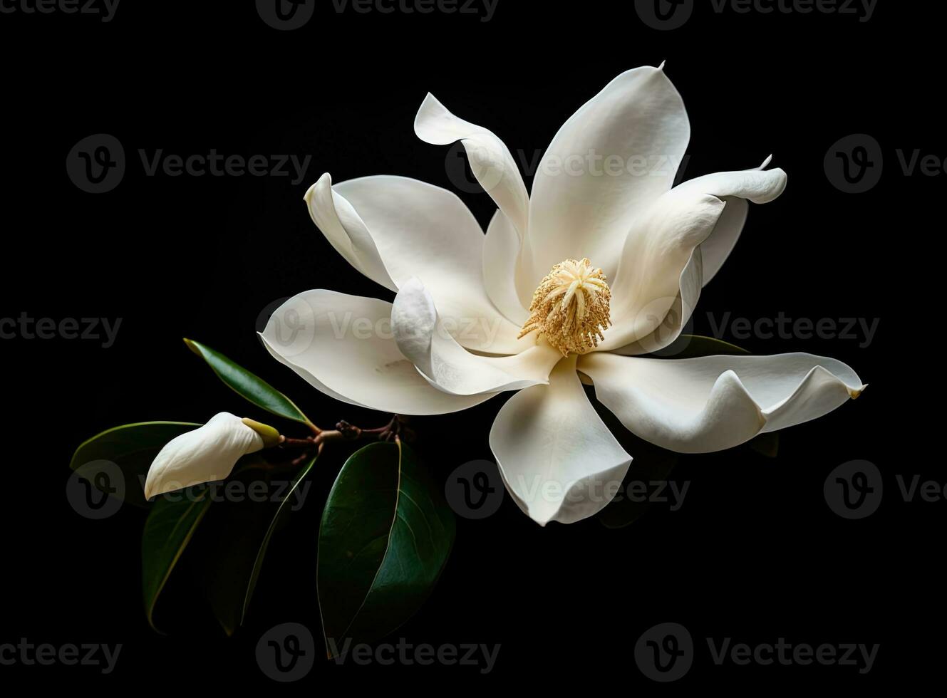 beautiful large white magnolia against a background of dark green leaves on a tree in spring day. Created with Generative AI technology. photo