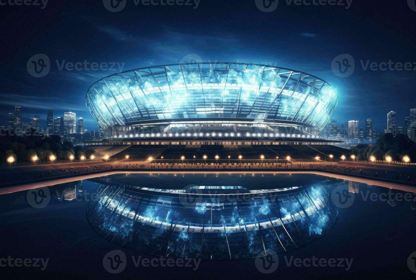 textured soccer game field with neon fog - center, midfield. Created with Generative AI technology. photo
