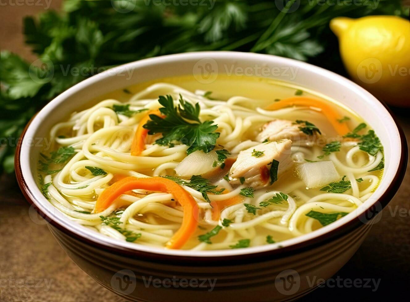 Homemade chicken soup with noodles and vegetables in a white bowl, white background. Healthy warm comfortable food. Created with Generative AI technology. photo