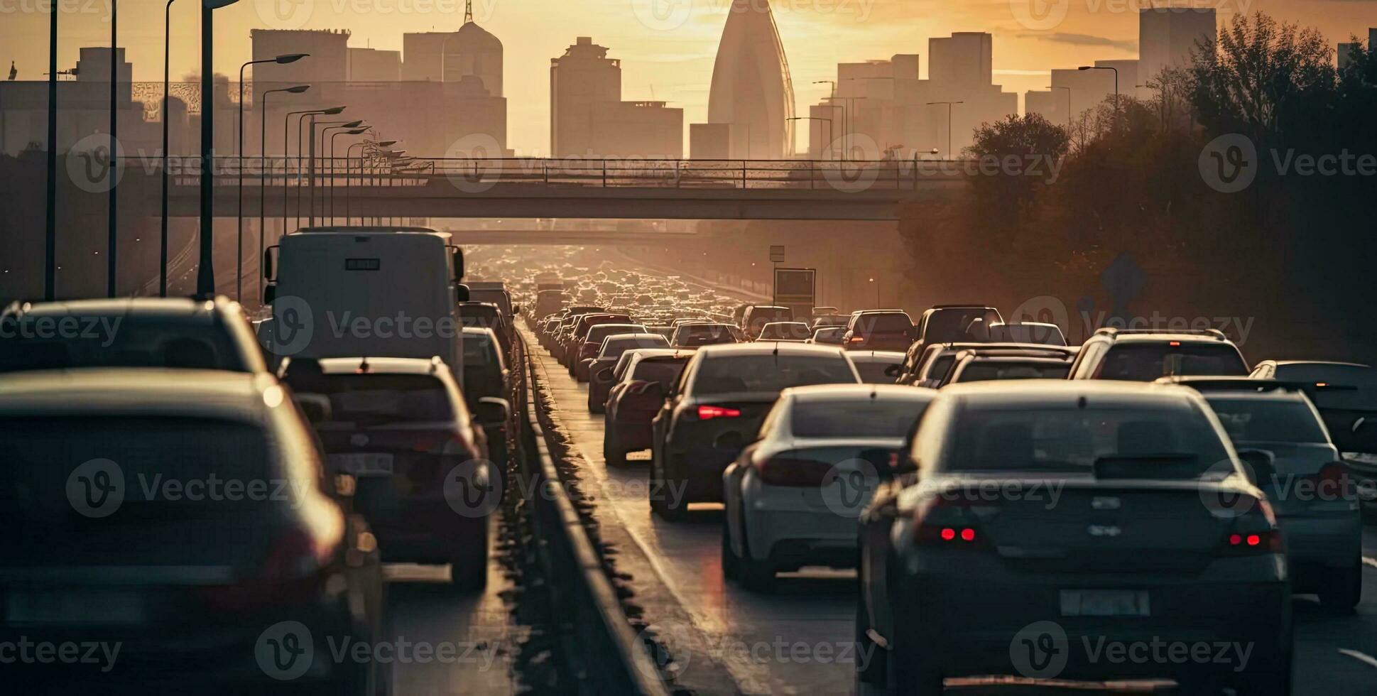 Car rush hours city street. Cars on highway in traffic jam. Created with Generative AI technology. photo