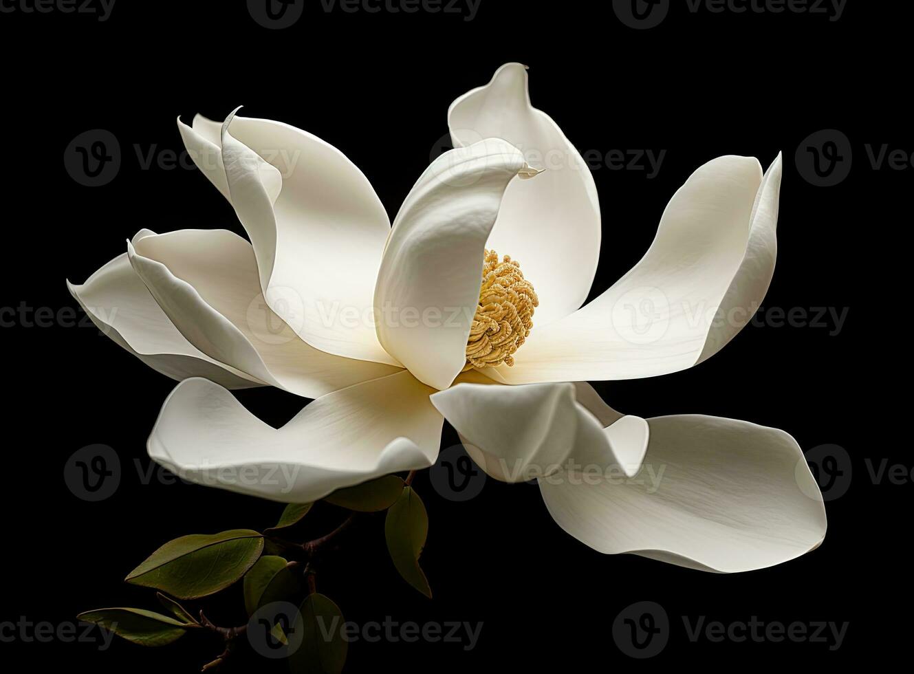 beautiful large white magnolia against a background of dark green leaves on a tree in spring day. Created with Generative AI technology. photo