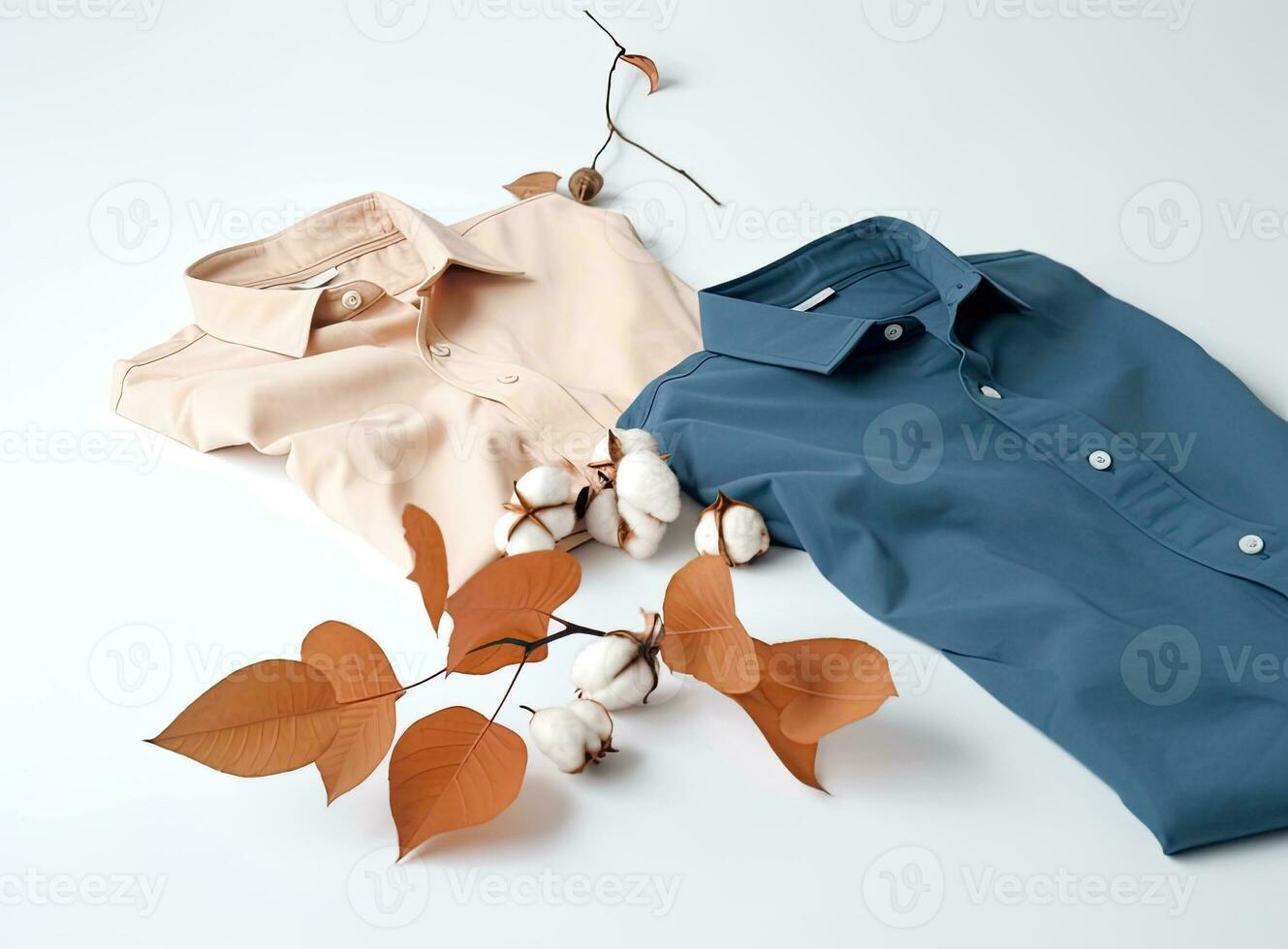 Stack of clean freshly laundered, neatly folded women's clothes on wooden table. Pile of shirts, dresses and sweaters on the table, white wall background. Created with Generative AI technology. photo