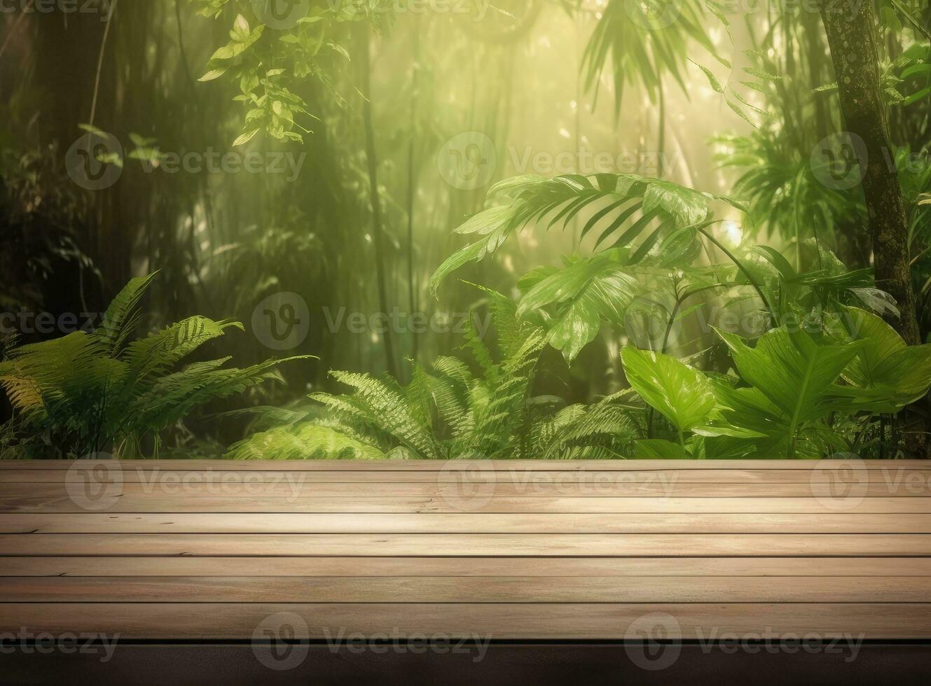 wooden table top with spring green leafs as frame and free space for text Created with Generative AI technology. photo