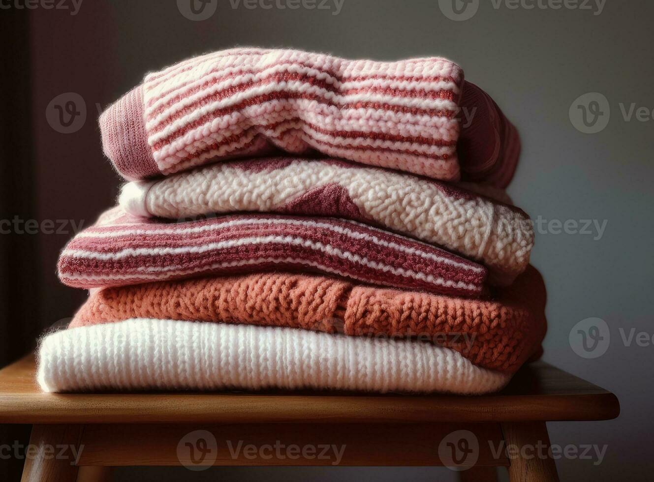 Stack of clean freshly laundered, neatly folded womens clothes on wooden table. Pile of shirts, dresses and sweaters on the table, white wall background. Created with Generative AI technology. photo