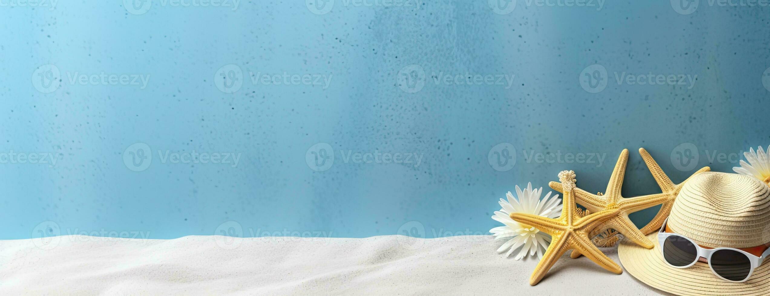 Beach Summer Holidays Vacation travel accessories and fashion on Sand and blue background. including mobile phone camera plane passport hat and flip lop. Created with Generative AI technology. photo