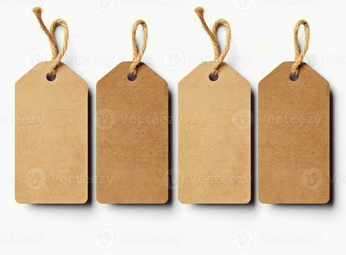 Blank tag tied for hang on product for show price or discount isolate on white background with clipping path. Created with Generative AI technology. photo