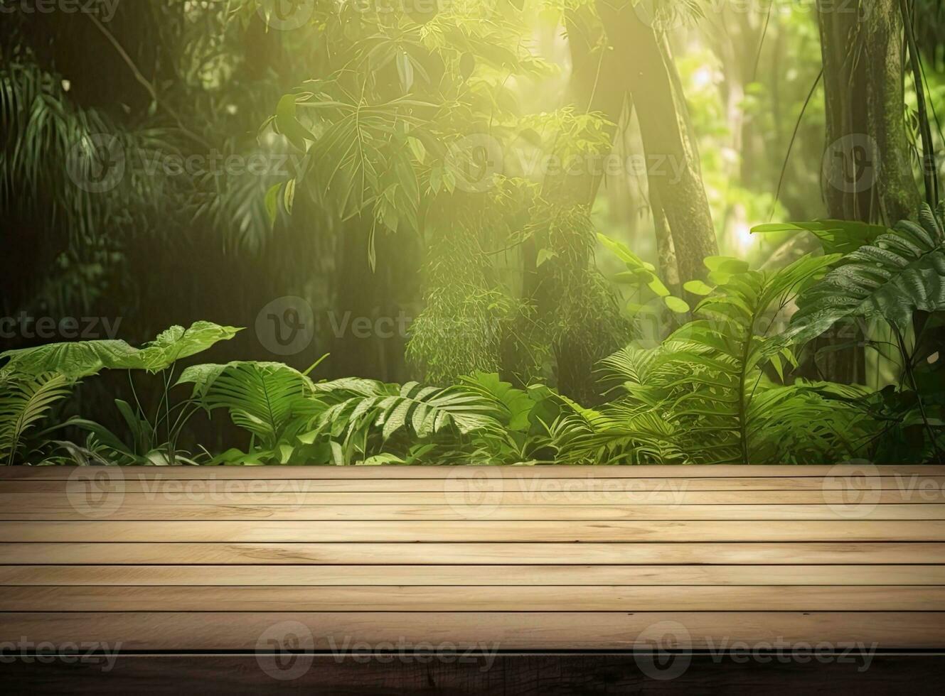 wooden table top with spring green leafs as frame and free space for text Created with Generative AI technology. photo