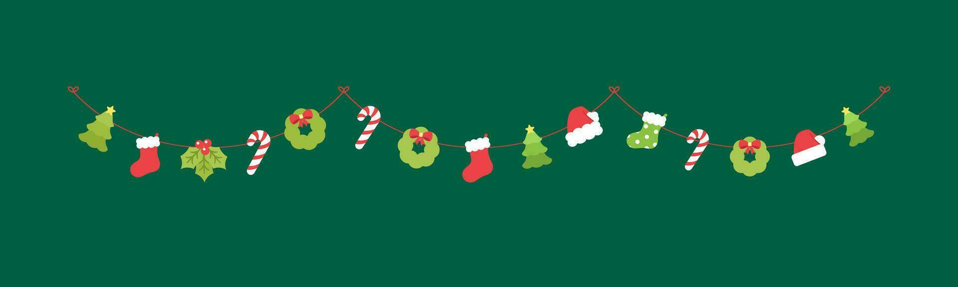 Christmas Garland Vector Illustration, Xmas Graphics Festive Winter Holiday Season Bunting