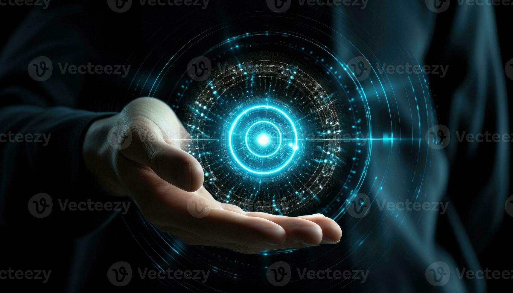 Businessman gesture protecting virtual blue dartboard with arrow ,Business Achievement objective target concept. Created with Generative AI technology. photo