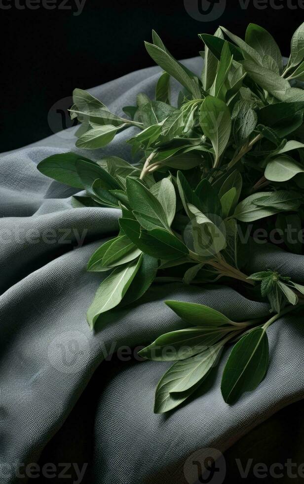 Fresh organic mint leaves ready for cooking on the kitchen table. Created with Generative AI technology. photo