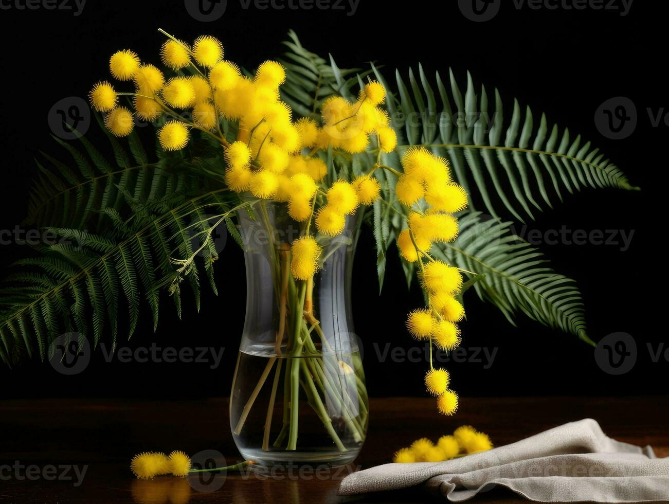 A bouquet of yellow mimosa flowers stands in a glass vase on a dark gray background. Concept of 8 March, happy women's day. Vertical orientation. Created with Generative AI technology. photo