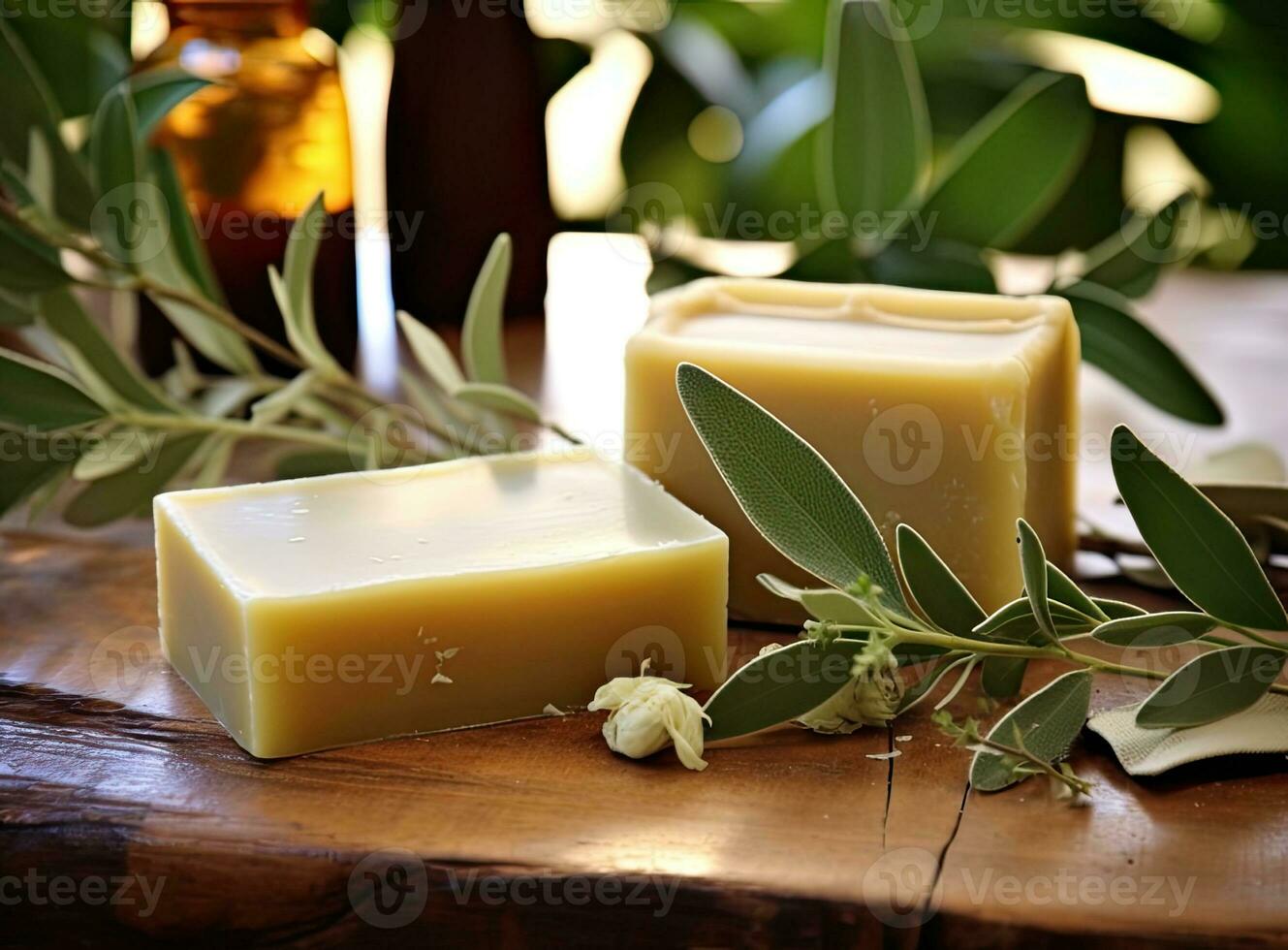 Natural bathroom product, handcrafted soap, horizontal. Created with Generative AI technology. photo