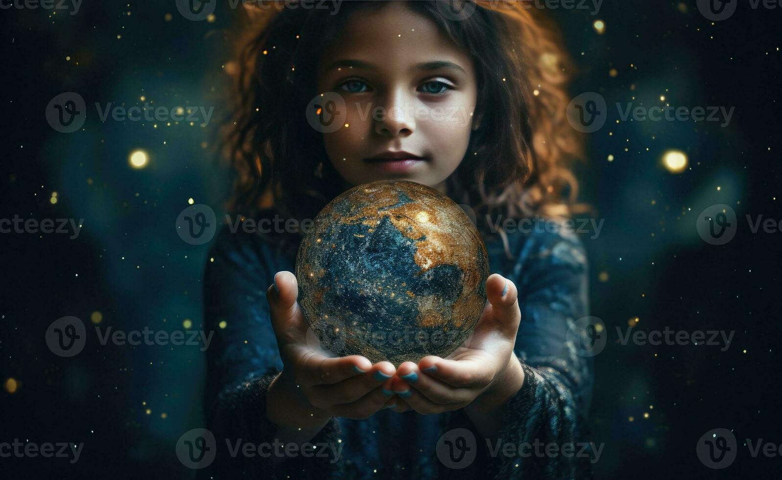Earth at night was holding in human hands. Earth day. Energy saving concept, Created with Generative AI technology. photo