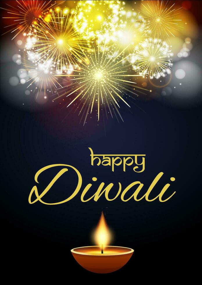 Happy Diwali Greetings Festive Background With Fireworks And Burning Oil Lamp vector