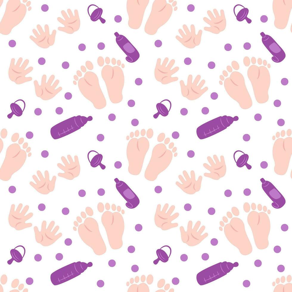 Seamless pattern with baby pacifier, bottle, baby cream, footprints, handprints and circles. Flat color vector illustration.