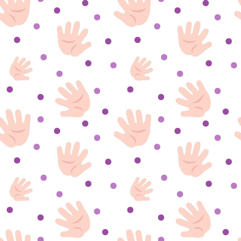 Seamless pattern with baby one hand prints and circles. Flat color vector illustration.