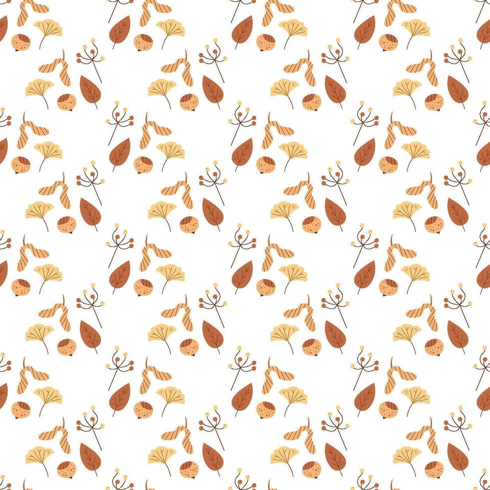Seamless pattern with nuts, seeds, leaves and berries. Color flat vector illustration.