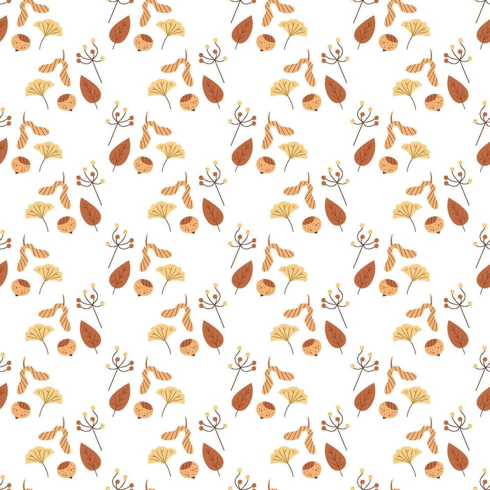 Seamless pattern with nuts, seeds, leaves and berries. Color flat vector illustration.