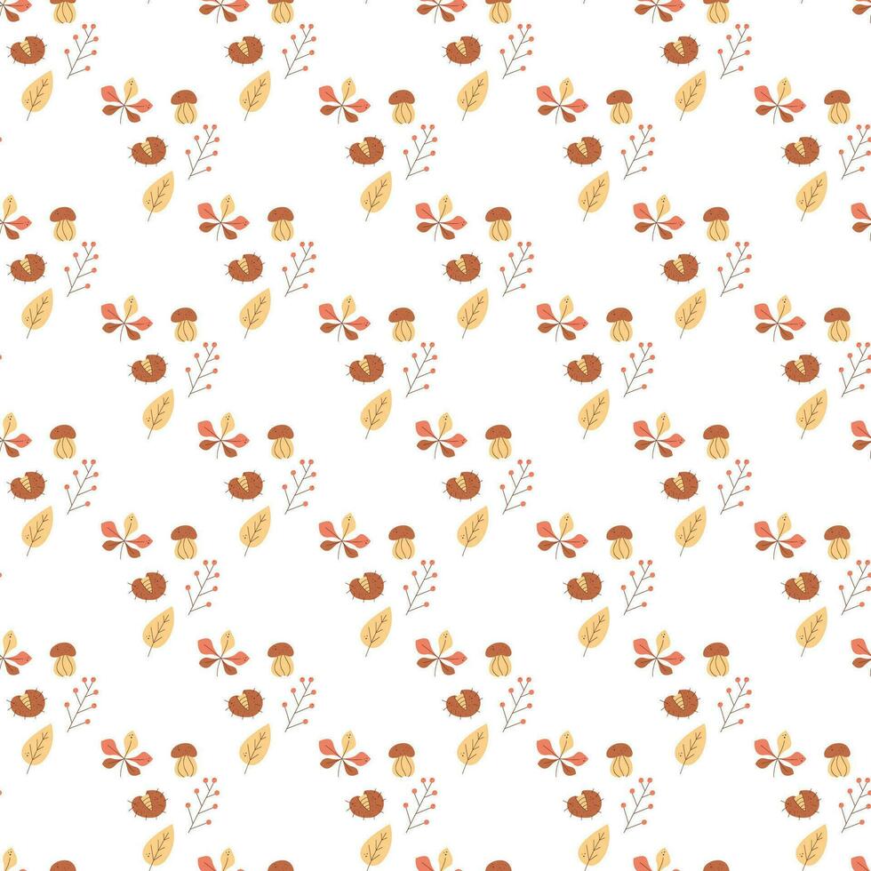 Seamless pattern with branch with berries, leaves and mushrooms. Color flat vector illustration.