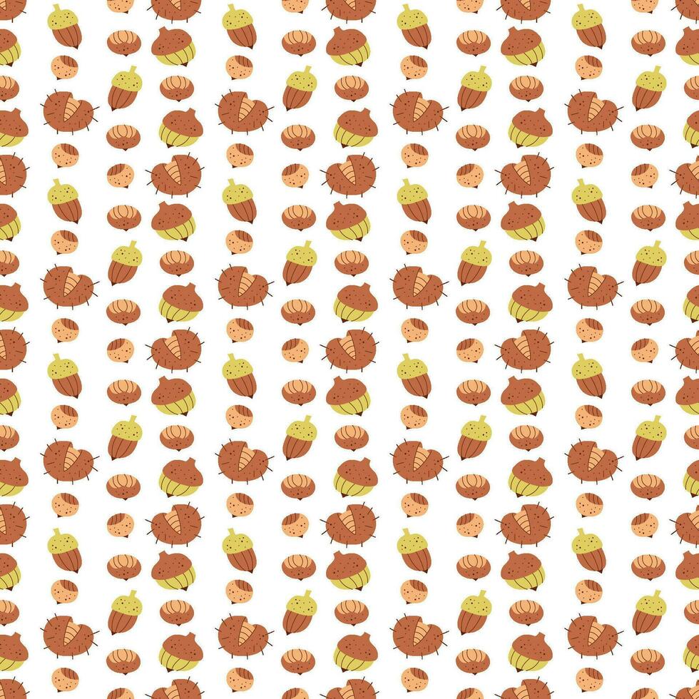 Seamless pattern with nuts and chestnut fruit. Color flat vector illustration.