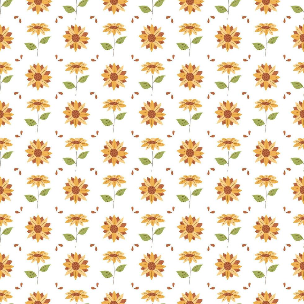 Seamless pattern with sunflower, leaves and seeds. Color flat vector illustration.