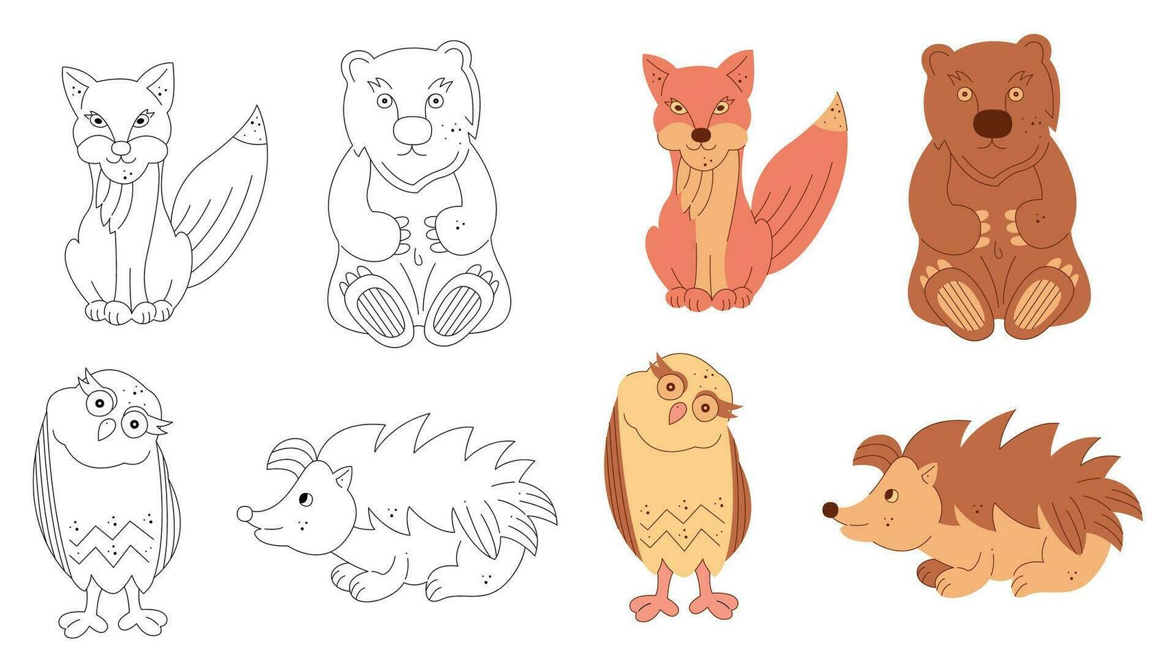 Set of four forest animals hedgehog, owl, bear, fox. Black and white and color clipart vector illustration.