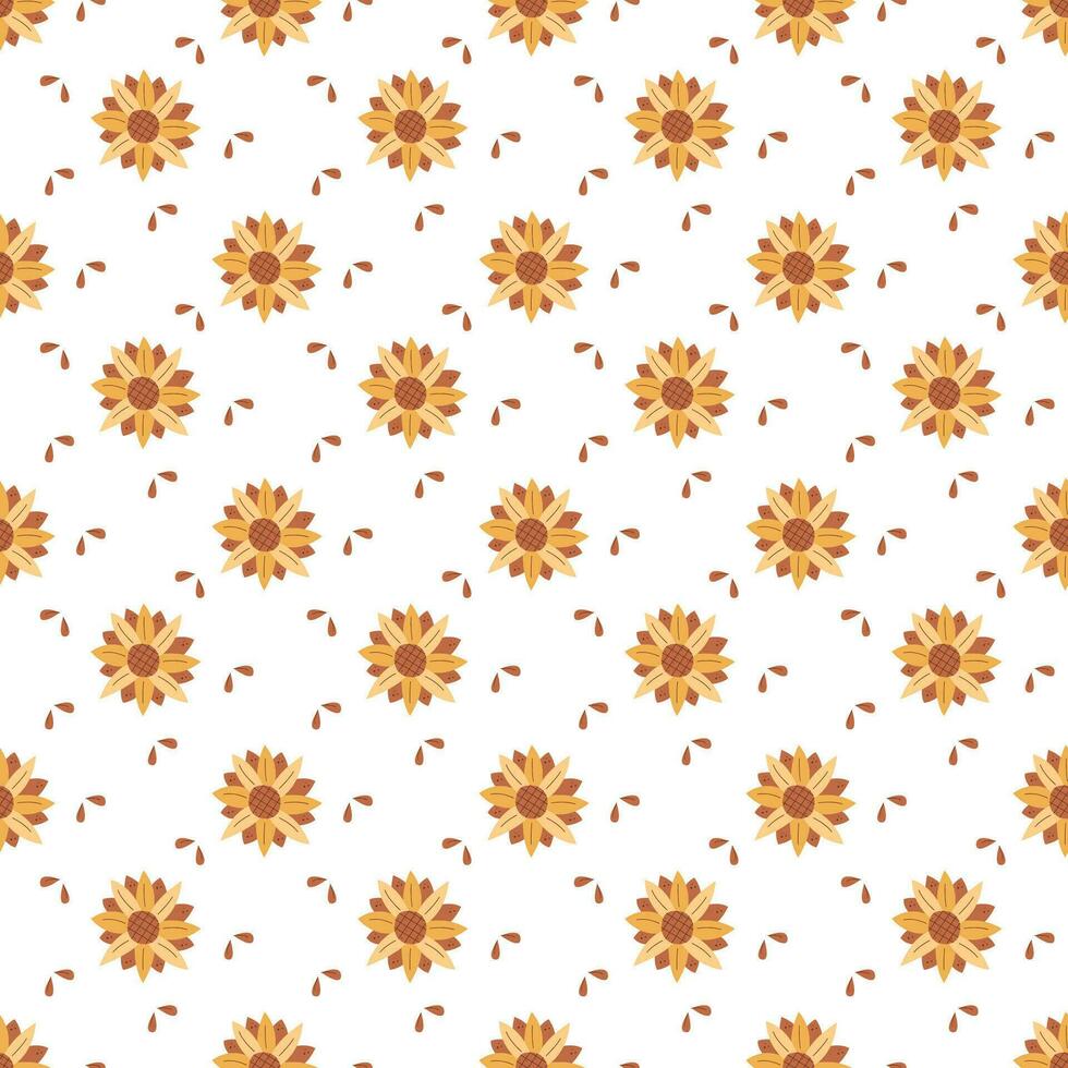 Seamless pattern with sunflower and seeds. Color flat vector illustration.