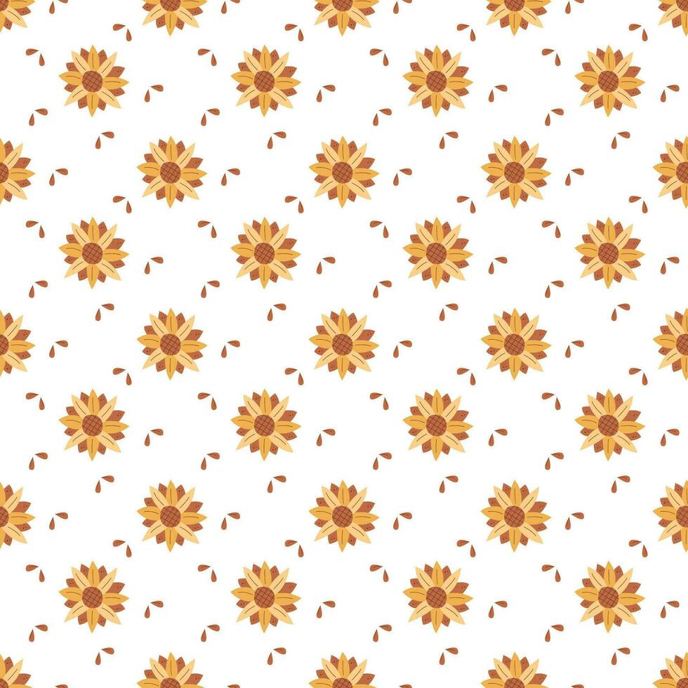 Seamless pattern with sunflower and seeds. Color flat vector illustration.