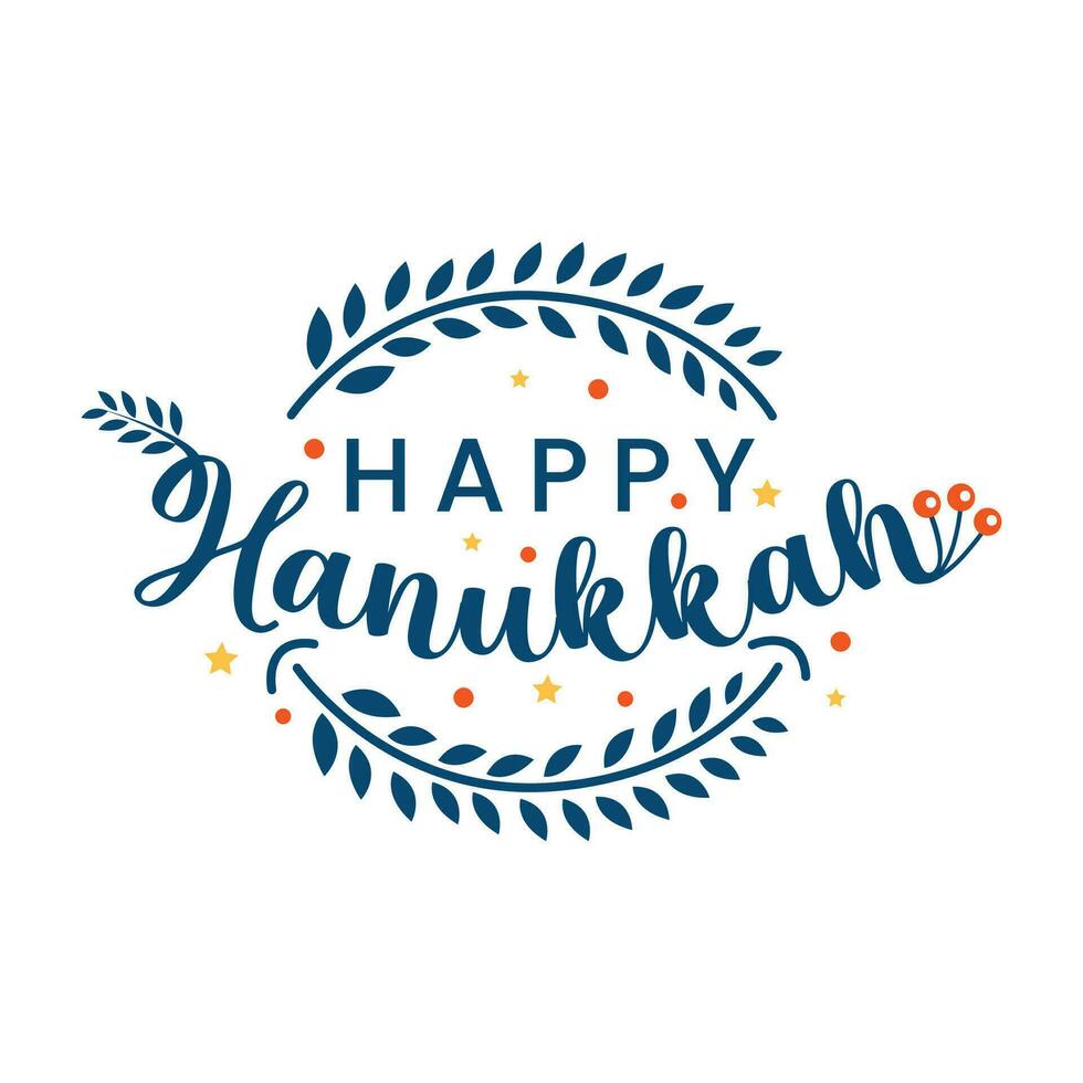 Happy Hanukkah vector illustration with floral elements. Hanukkah Hand drawn typography and lettering greeting card. Happy Hanukkah in Hebrew and Yiddish. Hanukkah 2023 banner, template, greeting card