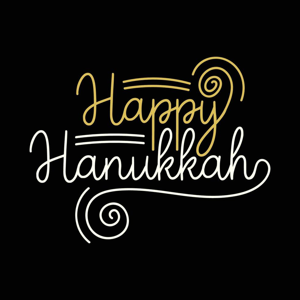 Happy Hanukkah free hand drawn lettering illustration on black background. Hanukkah elegant and decorative text for banner, poster, greeting card vector