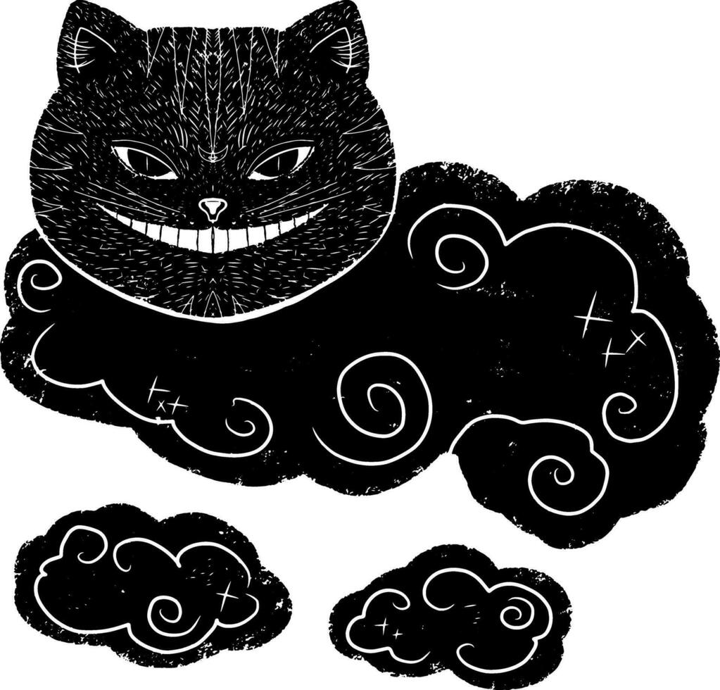 un negro y blanco dibujo de un gato con nubes vector