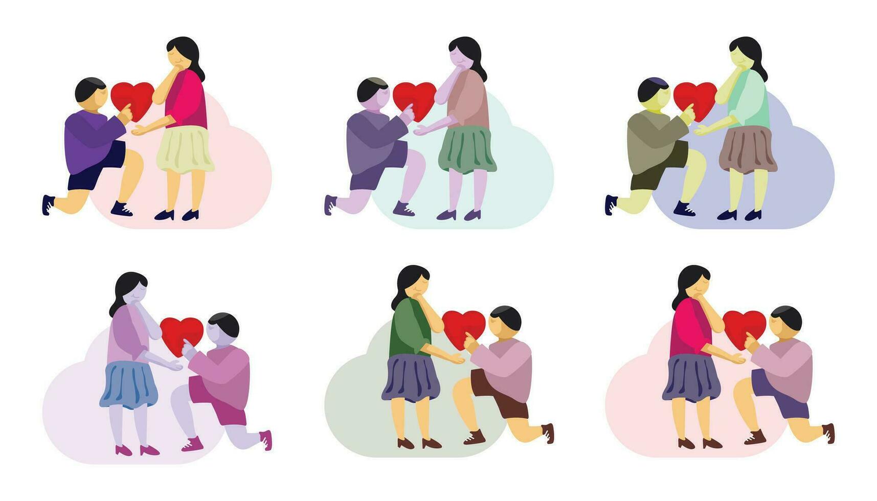 un contento san valentin día. hombres hacer propuestas para mujer por ofrecimiento corazones y arrodillado y cariñoso. humano relaciones, felicidad sorpresa amor dibujos animados plano vector ilustraciones