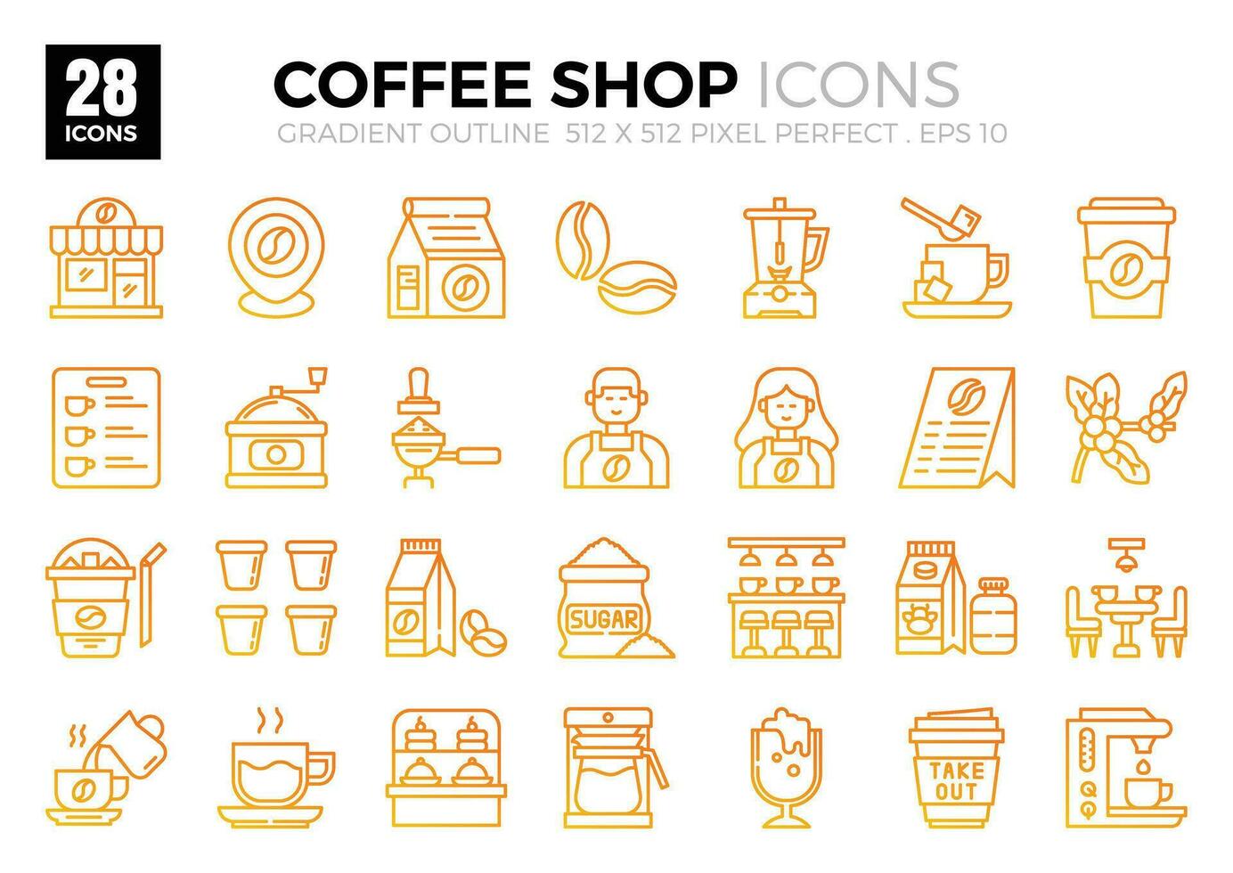 Icon packs of Coffee Shop gradient outline. The collection includes icons of various aspects related to coffee shops, ranging from business and development to programming, web design, app design. vector