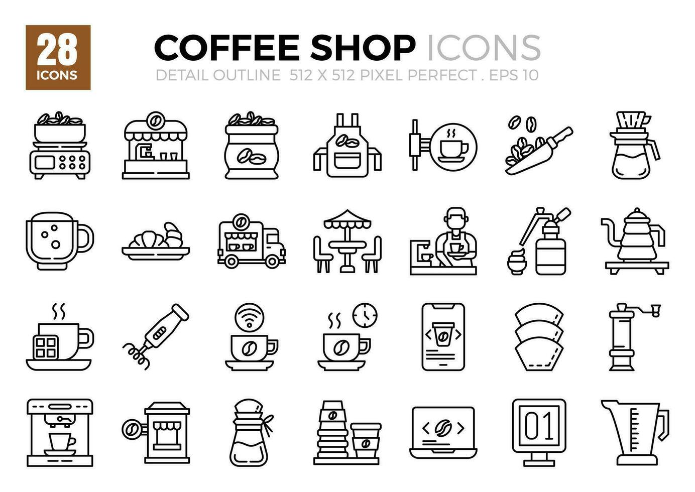 Coffee Shop thin outline icons set. The collection includes icons of various aspects related to coffee shops, ranging from business and development to programming, web design, app design, and more vector