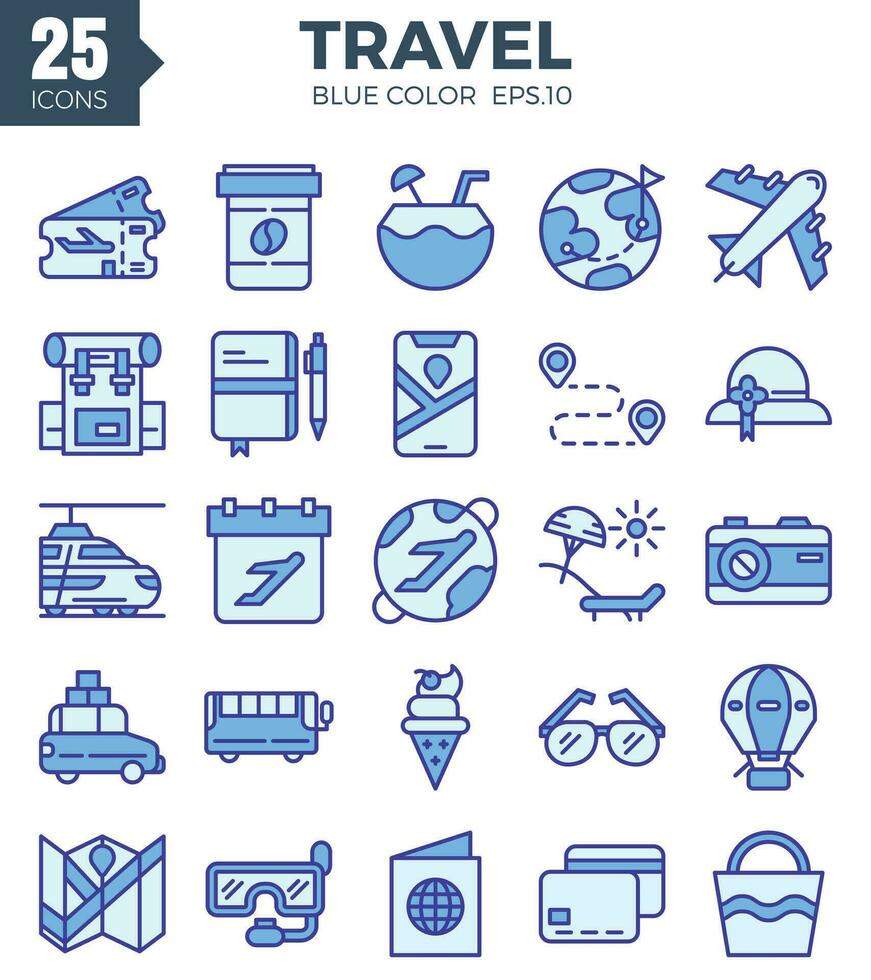 Travel icon set blue color. The collection includes web design, application design, UI design. vector