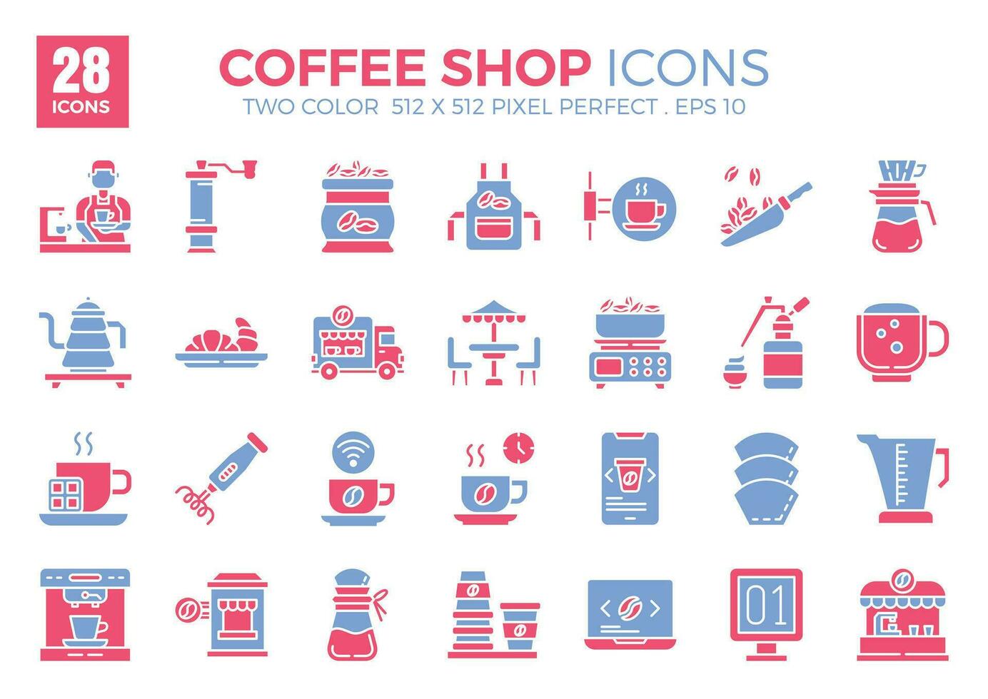 Coffee Shop flat two color icons set. The collection includes icons of various aspects related to coffee shops, ranging from business and development to programming, web design, app design, and more vector