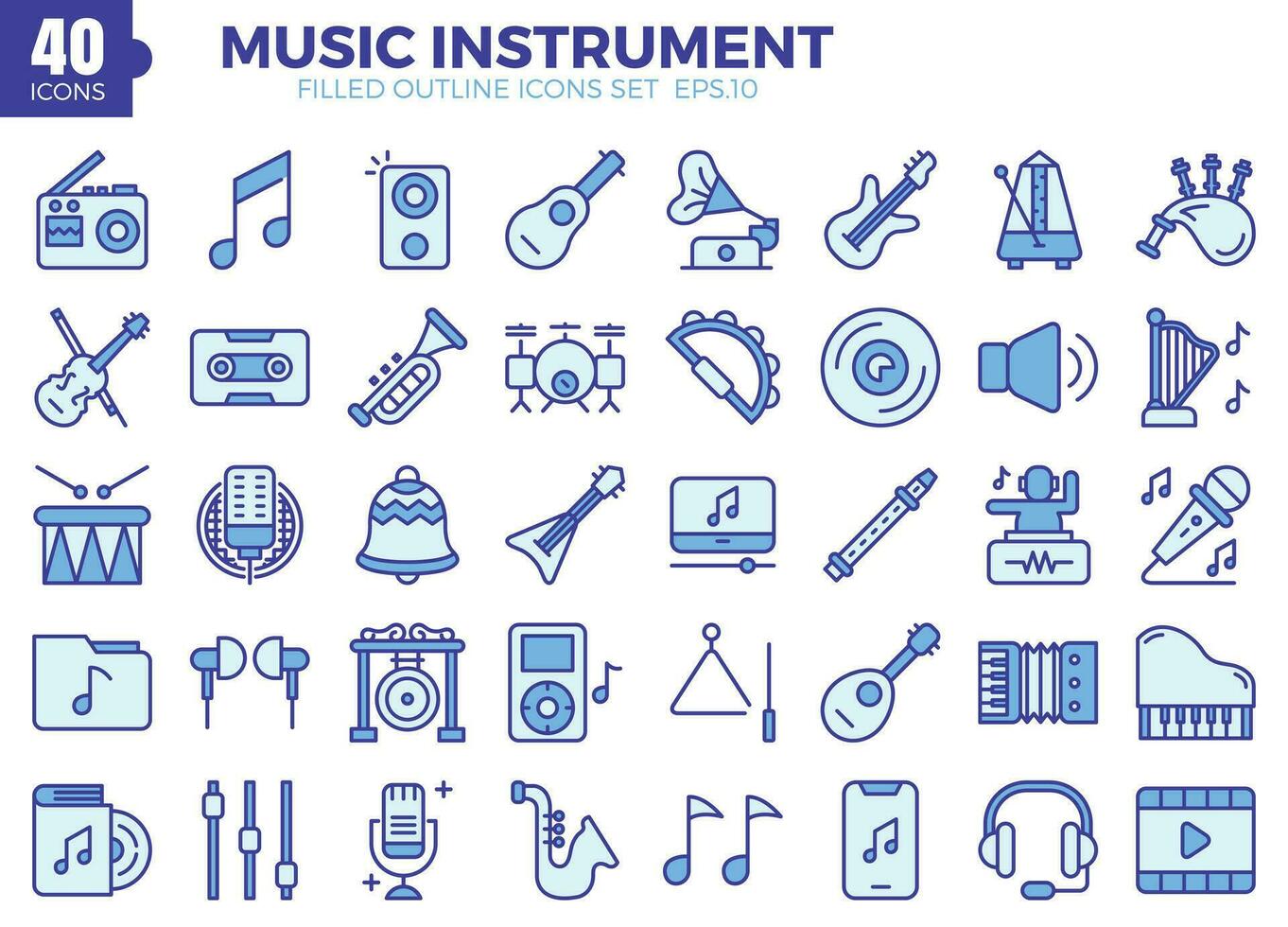 Music Instrument icon set blue color. The collection includes web design, application design, UI design vector