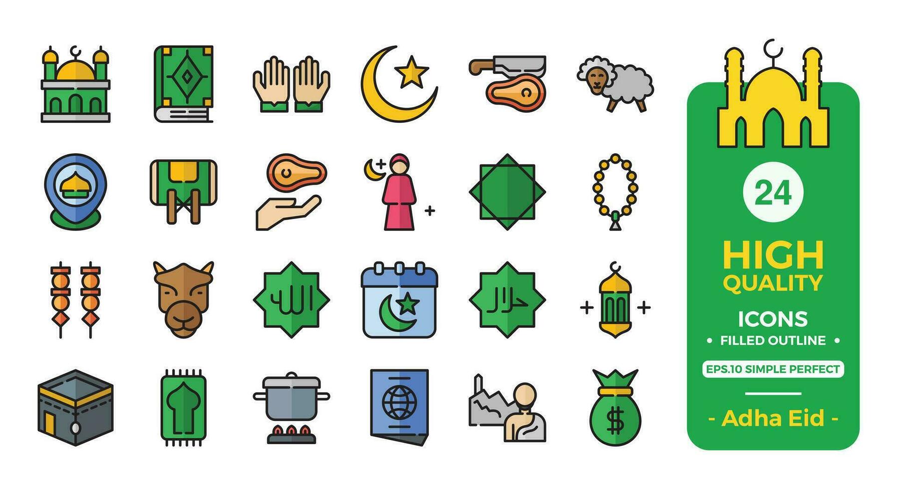 Eid Al Adha filled outline icon set . The collection includes web design, application design, UI design, during Eid Al Adha, Eid al Fitr, and others. vector