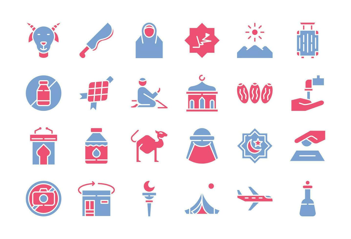 Eid Al Adha flat two color icon set . The collection includes web design, application design, UI design, during Eid Al Adha, Eid al Fitr, and others. vector