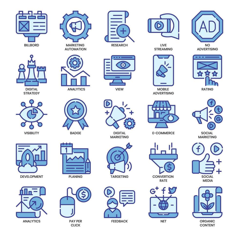 Digital marketings, blue colored outline and Pixel Perfect Icons set. vector