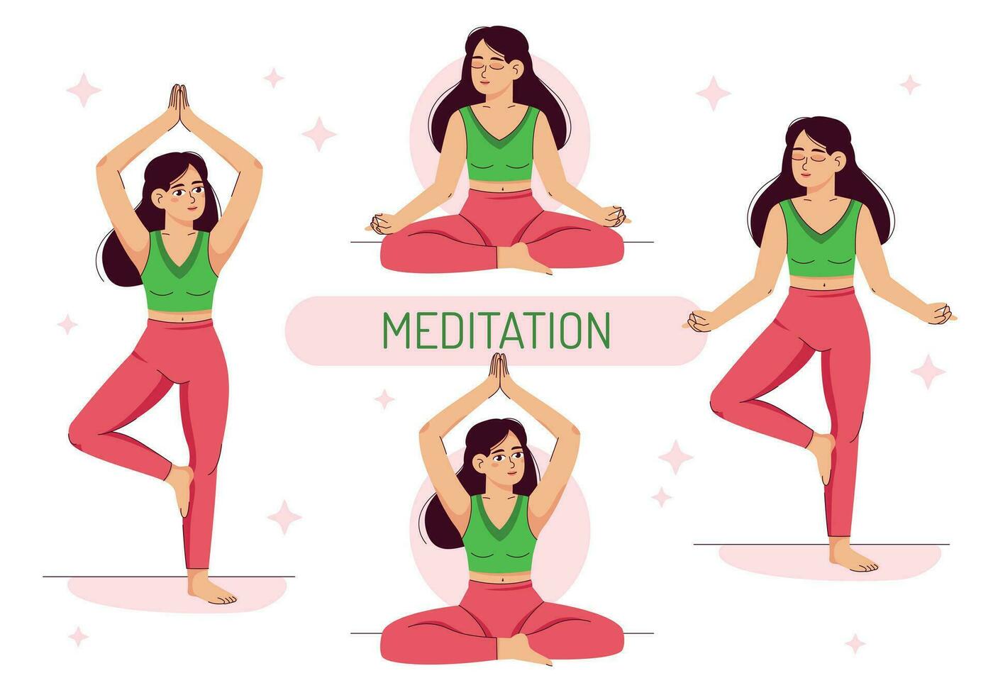 un conjunto de ilustraciones con meditación posa un niña medita o lo hace yoga. vector plano ilustración