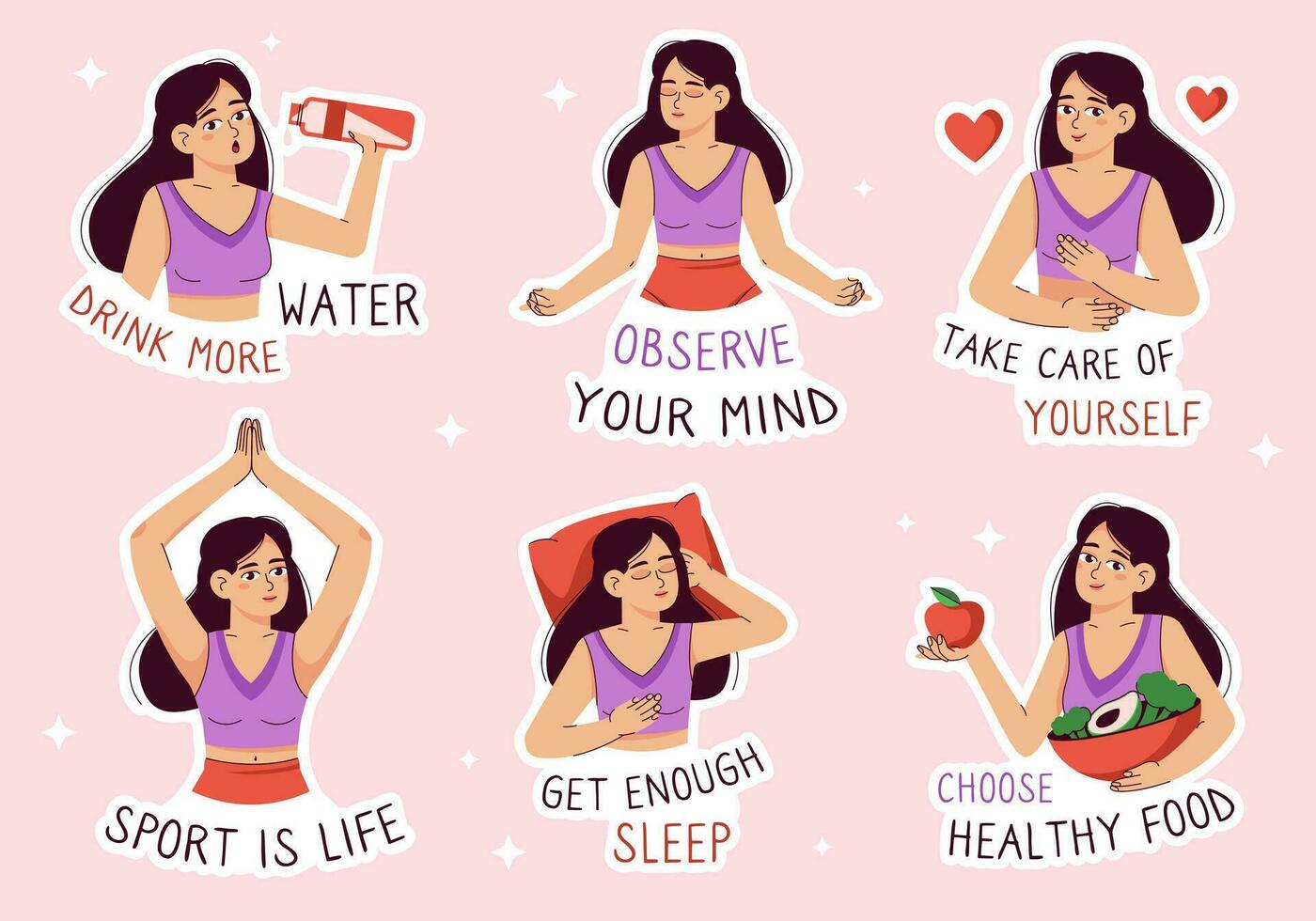 A set of stickers with a girl leading a healthy lifestyle. Stickers with a character. Vector flat illustration