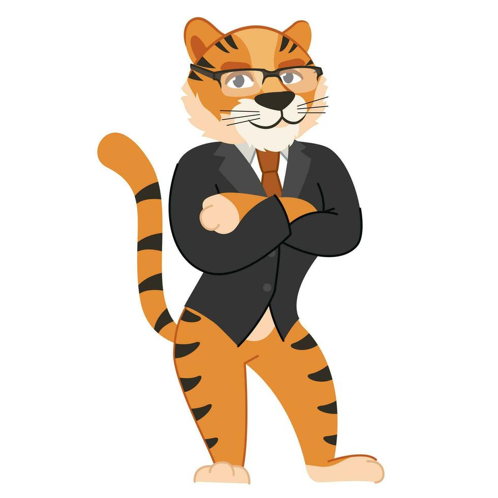 A tiger in a fashionable jacket and glasses. An animal character in clothes. Vector illustration